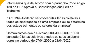 Sistema OCB/RO concede férias coletivas a todos os colaboradores
